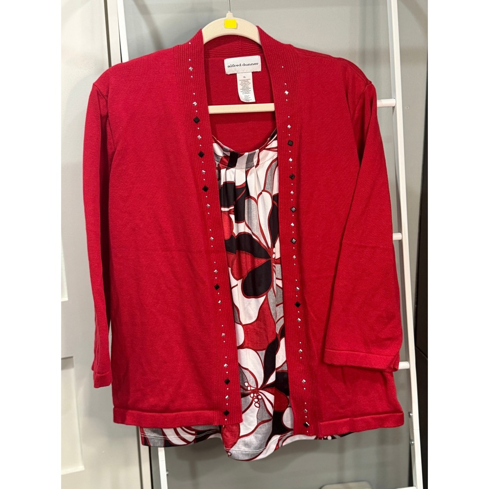 Alfred Dunner Red Rhinestone Cardigan and Floral Top 1 pc Set XL Grandmacore